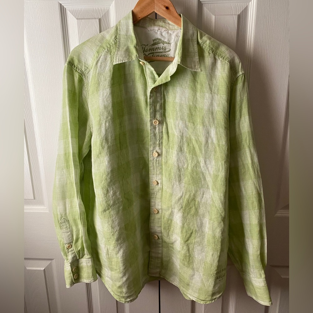 Tommy Bahama Lime Green Plaid 100% Linen Long Sleeve‎ Button Up Shirt SZ L